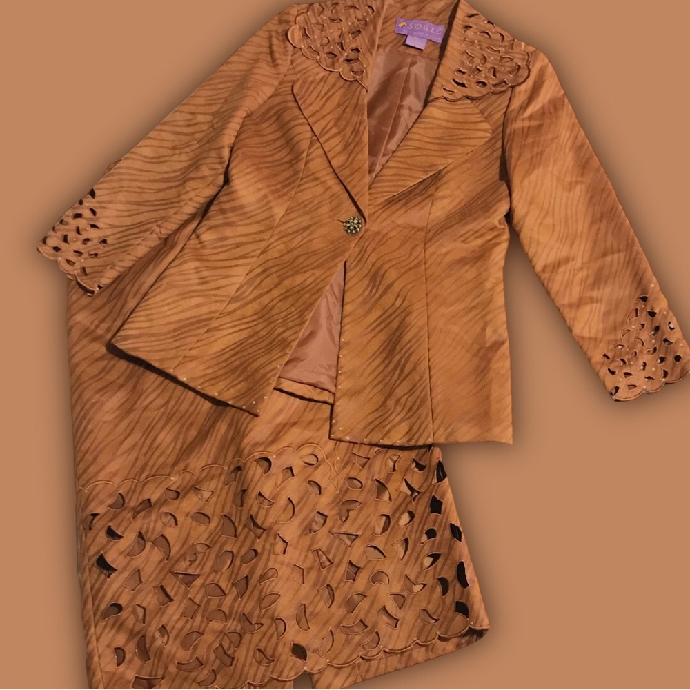 Embellished Animal Print Faux Suede Laser Cut Blazer & Skirt Matching Set - Picture 9 of 16